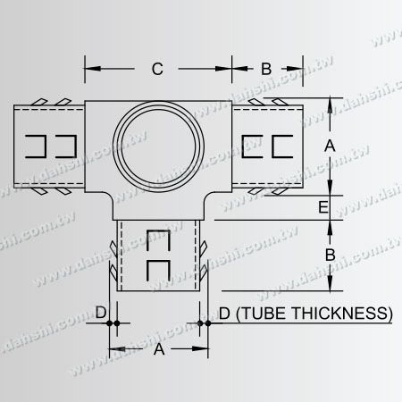 尺寸圖:不銹鋼圓管套外90度四通 - 出口冲齒 - 免焊接 / 可用膠固定