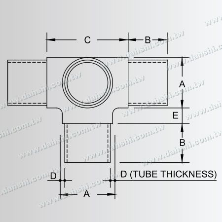 Dimenzija: Notranji 90-stopinjski T priključek iz nerjavečega jekla za okroglo cev - 4 izhodi