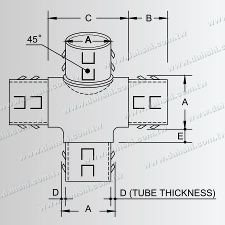 ابعاد: اتصال 135 درجه داخلی لوله گرد استیل استنلس استیل 4 راه خروجی - طراحی فنر خروجی - بدون جوش / قابل چسباندن