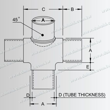 Dimension: Connecteur à 135 degrés interne en acier inoxydable pour tube rond - 4 sorties