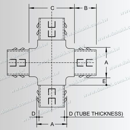 尺寸圖:不銹鋼圓管套外十字型四通 - 出口冲齒 - 免焊接 / 可用膠固定