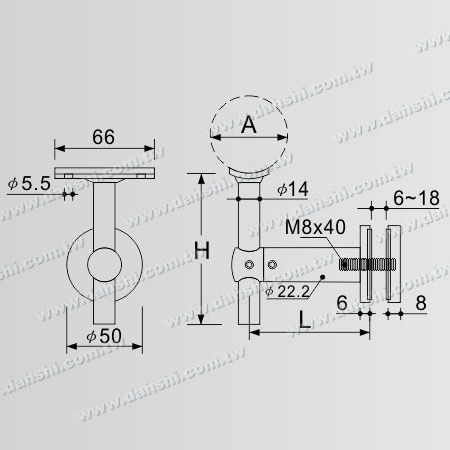 寸法:高さ調整可能なガラス用ステンレススチールブラケット(ラウンド)