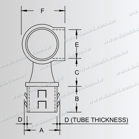 尺寸图：不锈钢圆管扶手与立柱穿梭型接头- 90度转角- 出口冲齿- 免焊接/ 可用胶固定