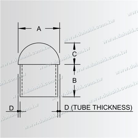 Abmessung der europäischen Spezifikation Edelstahl-Rundrohr-Endkappe mit Kuppeloberteil