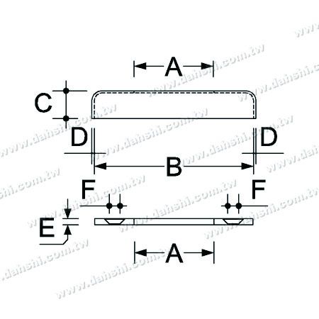आयाम: स्टेनलेस स्टील वर्गाकार ट्यूब हैंडरेल 2 टुकड़े बेस प्लेट के साथ - स्क्रू अदृश्य
