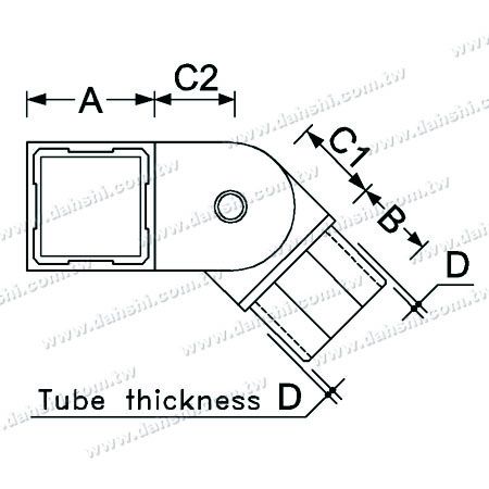 الأبعاد: موصل زاوية قابل للتعديل للزاوية الدائرية لأنبوب مربع من الفولاذ المقاوم للصدأ الداخلي