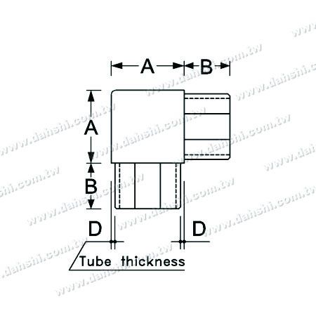 Dimensión: Conector Interno de 90 Grados de Tubo Cuadrado de Acero Inoxidable