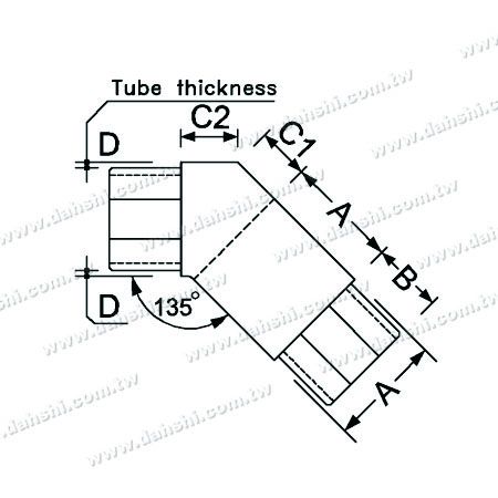 Dimensión: Codo interno de tubo cuadrado de acero inoxidable - 135 grados