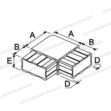 Dimension : Connecteur interne à 90 degrés de tube rectangulaire en acier inoxydable avec coin carré