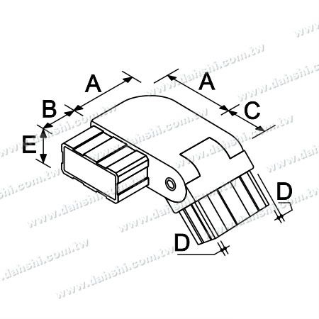 Dimensión: Conector de esquina redonda de escalera interna de tubo rectangular de acero inoxidable - Ángulo ajustable a la derecha