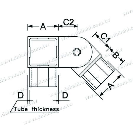 尺寸圖：不銹鋼方管套外樓梯斜度用活動接頭 - 90度三通