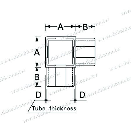 Dimension: Connecteur interne en T à 90 degrés pour tube carré en acier inoxydable - 3 sorties