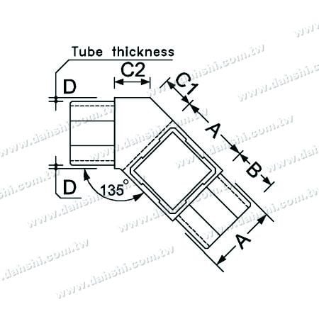 Dimensão: Conector interno de tubo quadrado de aço inoxidável com 3 saídas em 135 graus à esquerda