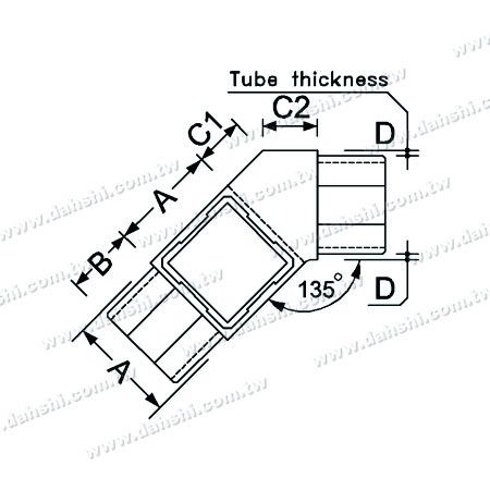 Dimension: Connecteur interne à 3 sorties en tube carré en acier inoxydable à 135 degrés à droite