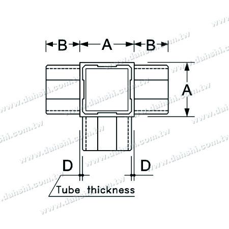 Dimensi: Konektor T Internal 90 Derajat Tabung Persegi Stainless Steel dengan 4 Pintu Keluar