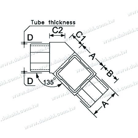 Dimensión: Conector interno de tubo cuadrado de acero inoxidable de 4 salidas en ángulo de 135 grados