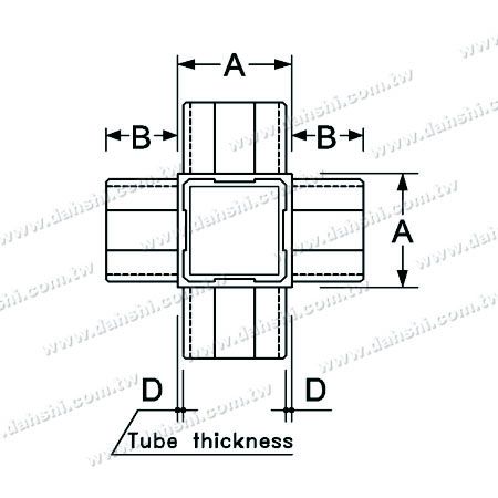 寸法：ステンレススチールの四角いチューブ内部コネクター5方向出口