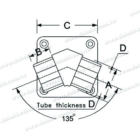 Dimension : Support apparent à vis - Balustrade de balcon ou de décoration intérieure, connecteur de main courante en tube carré - Angle de 135°