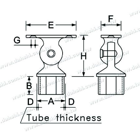 Dimensión: Conector de soporte ajustable para poste perpendicular de barandilla de tubo cuadrado de acero inoxidable, ajuste interno redondeado