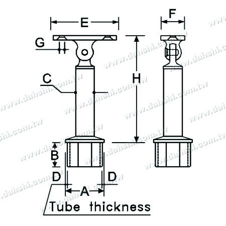 Dimension : Connecteur de support de poteau perpendiculaire pour main courante en tube carré en acier inoxydable, angle réglable