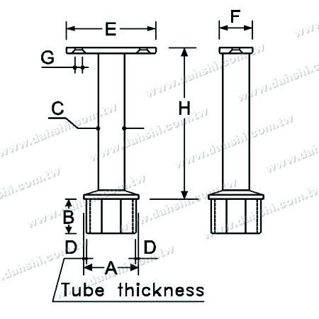 尺寸圖：不銹鋼方管扶手與立柱平台接頭