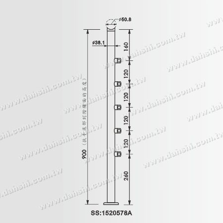 38.1立柱搭配50.8扶手尺寸圖 - SS:1520578A