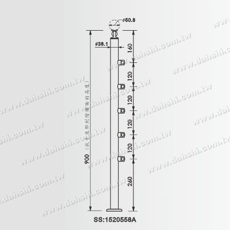 38.1立柱搭配50.8扶手尺寸圖 - SS:1520558A