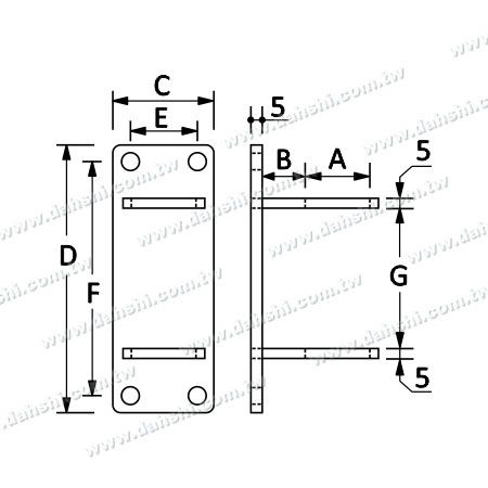 Dimension : Support de main courante en tube rond en acier inoxydable avec dos de forme rectangulaire - Passage du tube