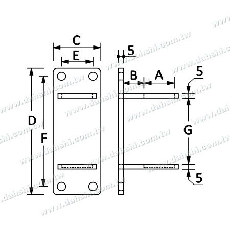 Dimension: Support de main courante en tube rond en acier inoxydable avec dos rectangulaire - extrémité plate
