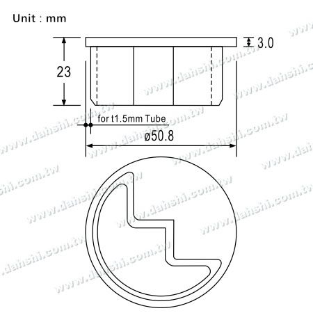 Dibujo de dimensiones del tapón final plano de tubo redondo de canal