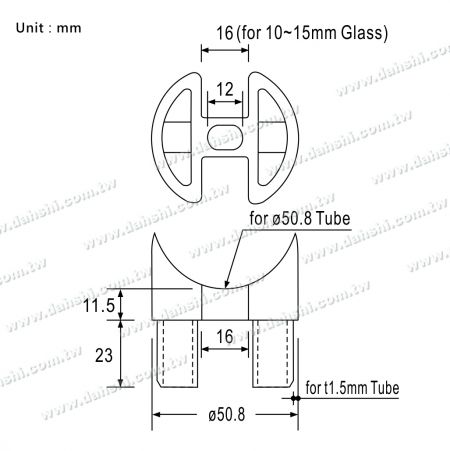 不鏽鋼凹槽圓管用扶手與立柱馬鞍型接頭尺寸圖
