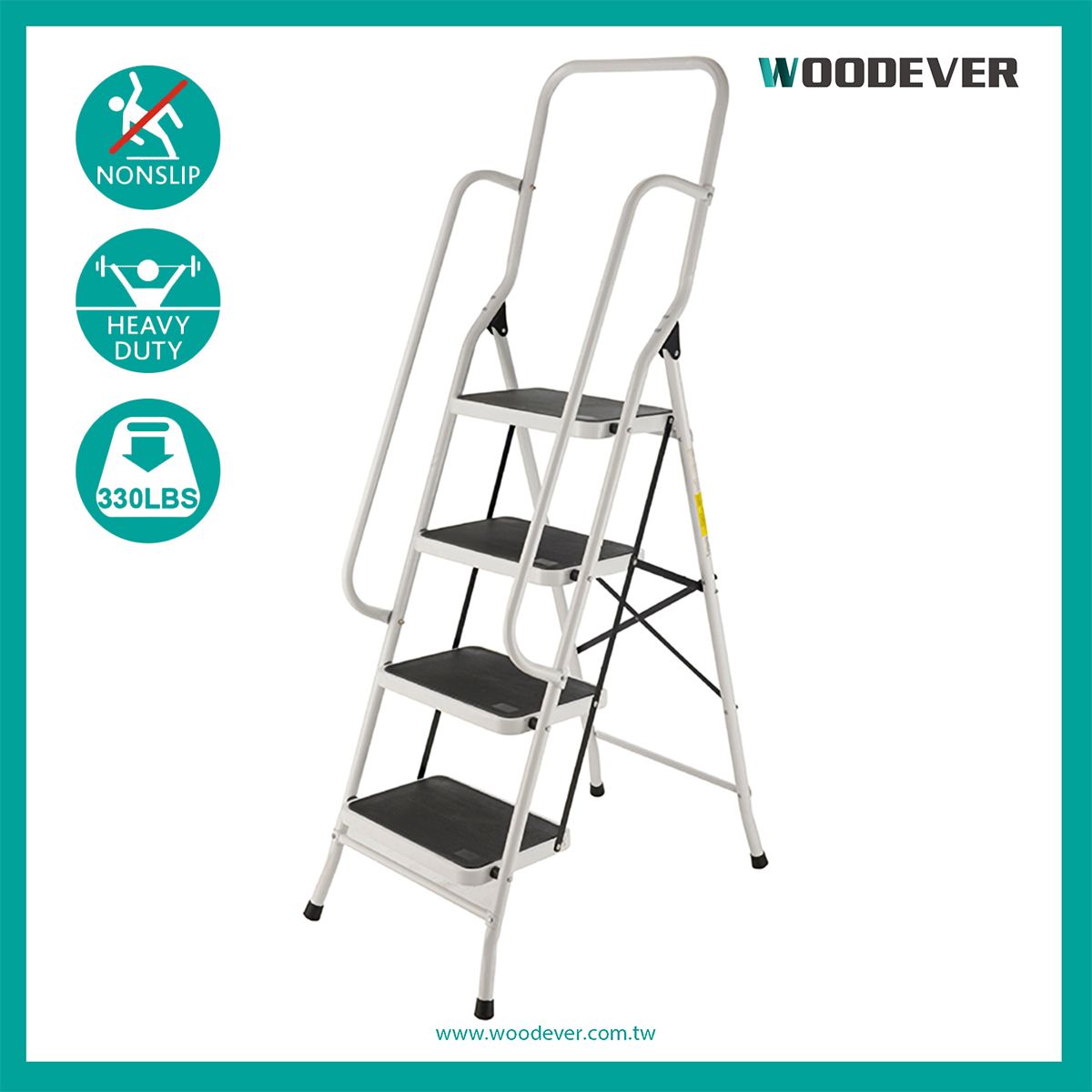Escalera plegable de acero de 4 pasos con barandillas de seguridad (carga  de 150 kg) - Capacidad de 330 libras, escalón de 4 peldaños, ligero y  resistente
