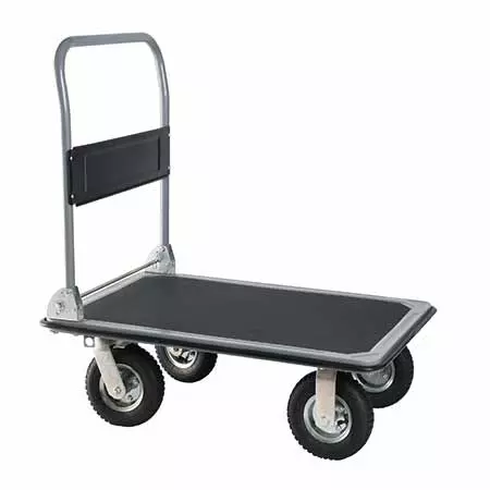 Carrello spingitore in acciaio resistente appositamente progettato per uso industriale.