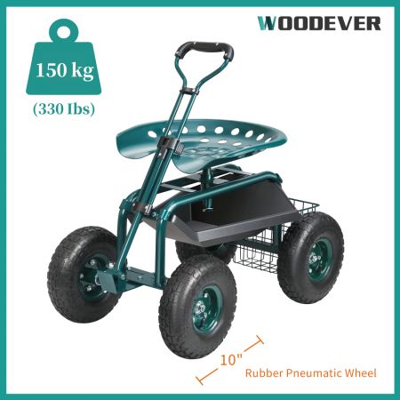 Scooter da giardino a carrello con maniglia regolabile e sedile girevole a 360 gradi per uso interno ed esterno
