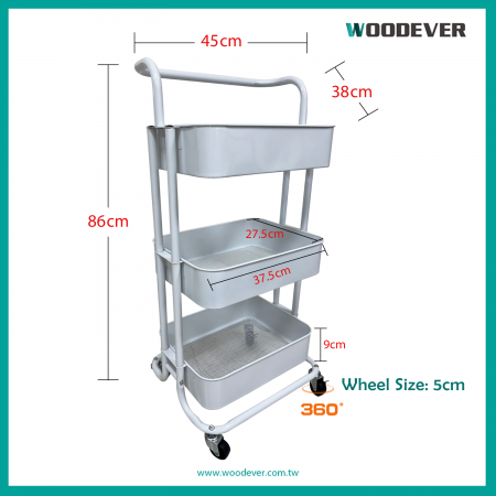 Equipped with four 360-degree swivel wheels, including two with secure locking mechanisms, the storage shelves organizer cart ensures stability when stationary.