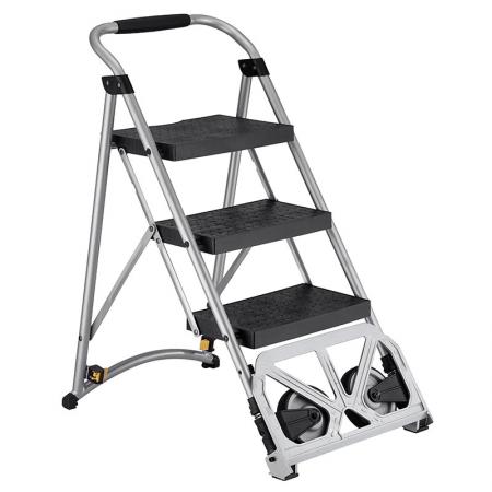 Escalera de 3 peldaños y carrito convertible en taburete (Carga de 135 kg) - Proveedor de carretilla de mano y escalera 2 en 1