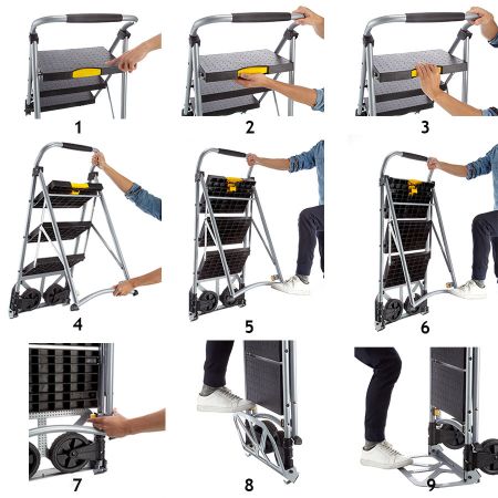 Easy to convert from a hand truck to a step ladder and vice versa by feet