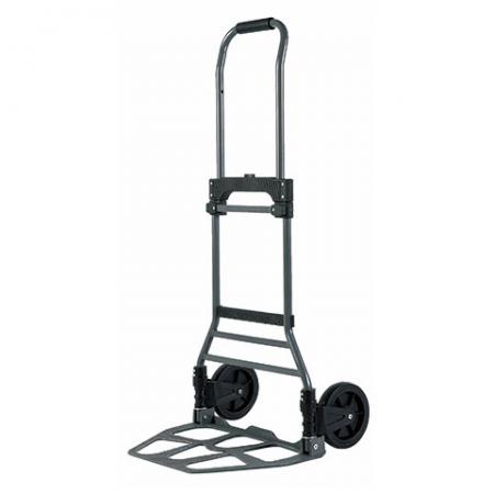 Kompaktowy stalowy wózek ręczny z dużą płytą ładunkową (nośność 120 kg).