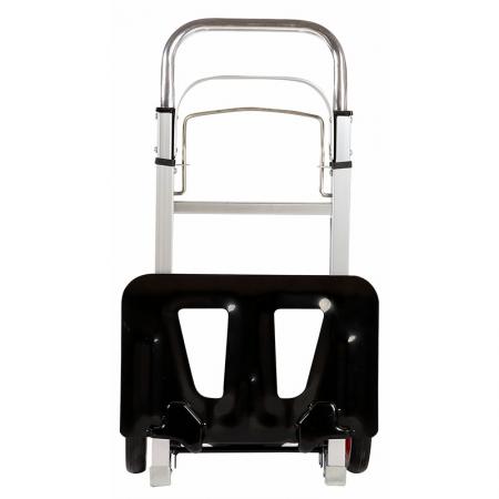 Hand truck is folded to be compact for storage.
