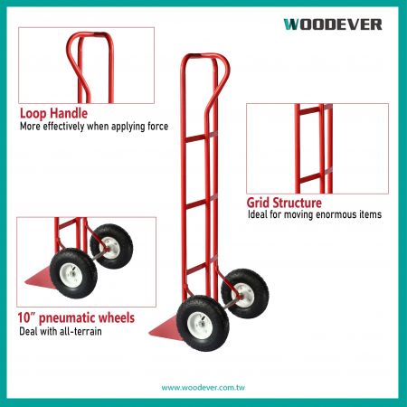 the outstanding features of this metal hand truck: loop handle, grid structure, 10"Pneumatic Tire
