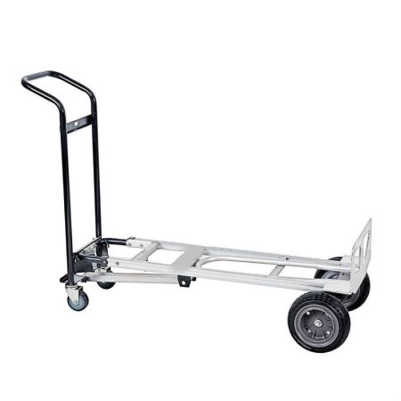 Four-in-one trolley includes flatbed, two-wheel trolley and extendable towing plate.