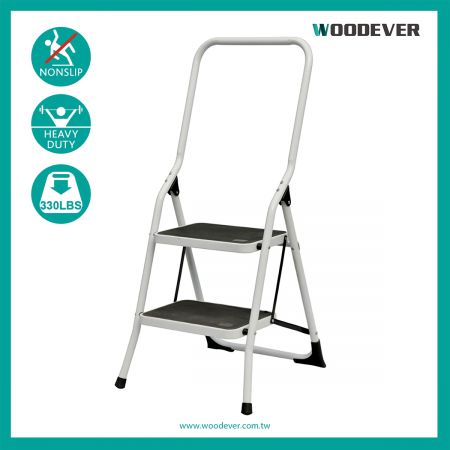 2-Step Ladder Folding Stool With High Handrail - 2 steps steel D type collapsible multi functional ladder for B2B wholesale.