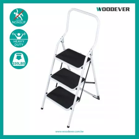 330lbs Capacity Folding 3 Steps Ladder With Extra High Handrail - Lightweight 3 tiers step ladder with safety handrail and foldable non-slip matt.