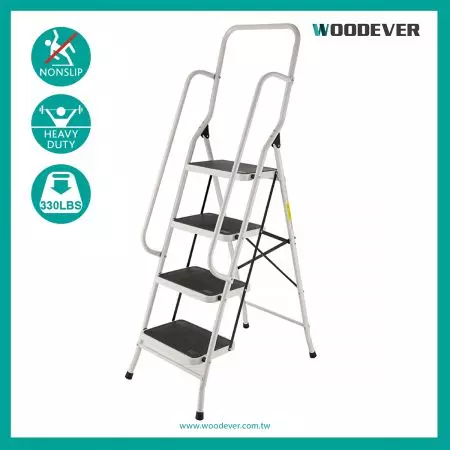 4 Stappen Stalen Opvouwbare Ladder Met Veiligheidsleuningen (Laadvermogen 150 kg) - De beste inklapbare 4-staps ladder met leuningen en een extra groot antislipmat.
