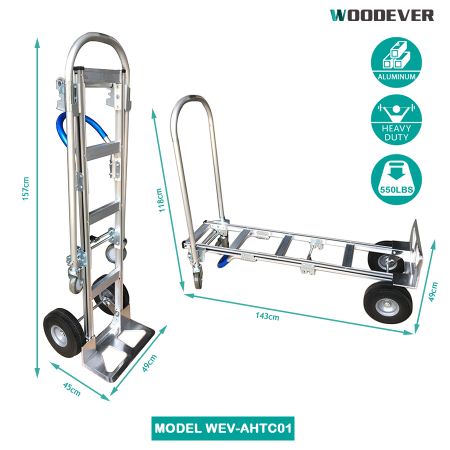 Design ergonômico 2 em 1: Este carrinho de mão de alumínio se dobra facilmente de uma posição vertical para uma posição de plataforma sem a necessidade de ferramentas.