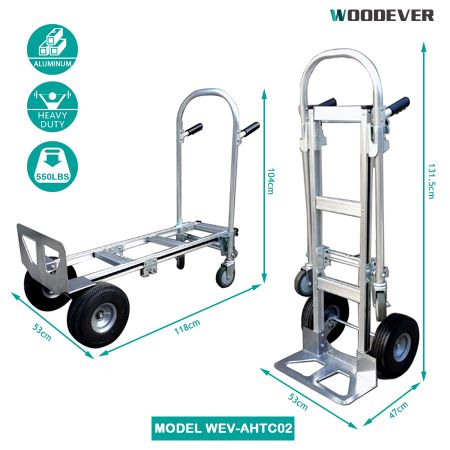 Ten aluminiowy wózek ręczny 2 w 1 od producenta WOODEVER łatwo przekształca się w bardzo mocny i solidny wózek platformowy, co czyni go doskonałym wyborem do magazynów lub miejsc pracy przemysłowej