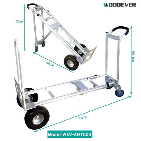 3 tryby: pionowy wózek ręczny z dwoma kołami, wózek ręczny z pomocą czterech kół oraz poziomy wózek platformowy z czterema kołami.