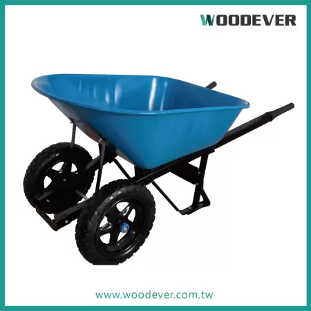 Schwerlast-Doppelrad-Schubkarre mit doppelten Griffen und Geländetauglichen Pannensicheren Luft- oder PU-Reifen im Großhandel (250 kg) - WOODEVER Die Vietnam Wheelbarrow Factory bietet umfassende Anpassungsdienste für Zweirad-Schubkarren an. Kunden können aus einer Vielzahl von Reifen und Materialien wählen, um ihren Bedürfnissen gerecht zu werden, darunter Luftreifen, Gummireifen, Vollreifen und PU-Räder.