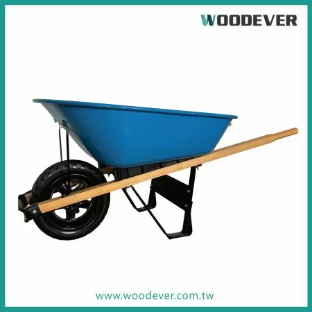 High-Capacity All-Terrain Wheelbarrow PP Tray with Solid Wood Handle and Pneumatic Rubber Tires (250 kg Load) - Metal steel waterproof wheelbarrow with anti-puncture rubber tire wheels made by WOODEVER Vietnam Handtruck Factory