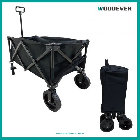 Kempingowy wózek można złożyć do małego rozmiaru, aby przechowywać go w różnego rodzaju ciasnych miejscach i jest wyposażony w torbę do przechowywania.